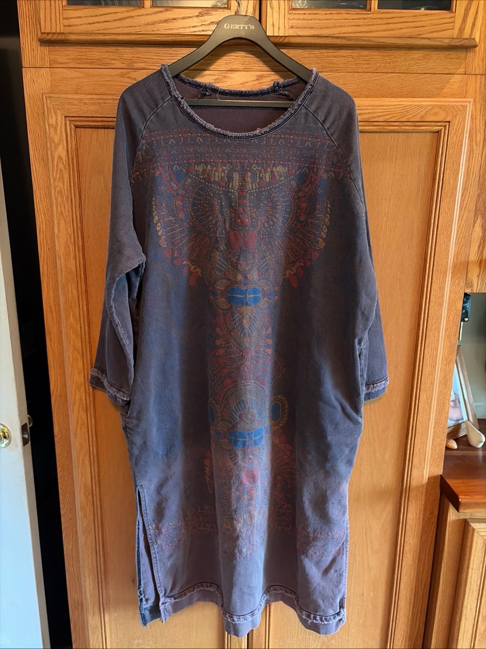 Yes/No ? Boho distressed Indigo Long Sleeve Dress with Tribal Print size XL